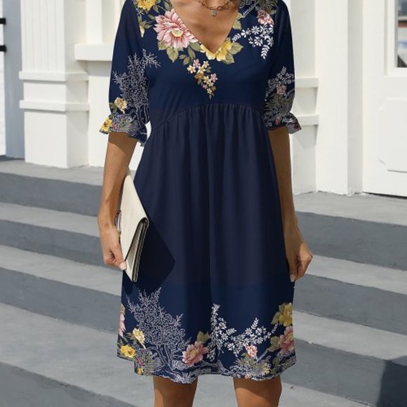 Pink Daisy Dresses & Skirts - Blue & Pink Floral V-Neck Ruffle-Sleeve Empire-Waist Dress